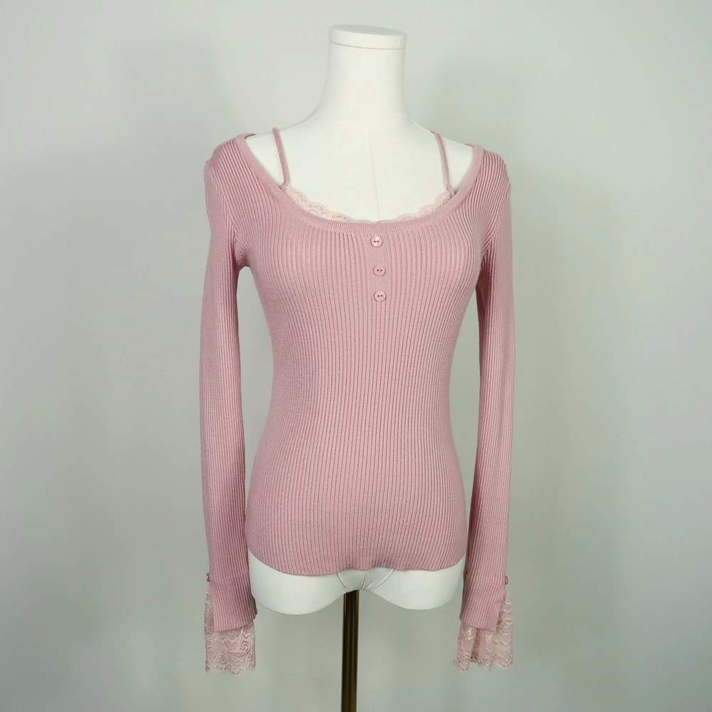 Sweet Rain Womens Ribbed Sweater Top Size S Pink Lace Coquette Balletcore Soft‎